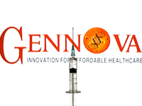 In this photo illustration, a close up of a medical syringe in front of the Gennova Biopharmaceuticals Ltd logo (