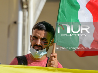 Protesters are seen during a pro-Afghanistan presidium with the aim of encouraging support through humanitarian corridors in Rieti, Italy on...