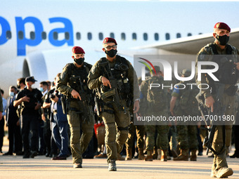 Members of Spanish forces disembark from a plane with evacuees from Afghanistan at Torrejon Military Air Base in Madrid, Spain  on 27th Augu...