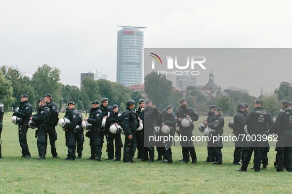 Polices are seen during the protest over Assembly Act NRW in Duesseldorf, Germany on August 28, 2021 