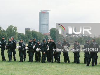 Polices are seen during the protest over Assembly Act NRW in Duesseldorf, Germany on August 28, 2021 (