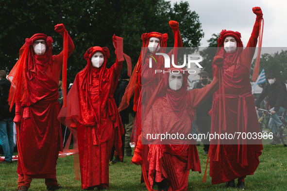Members of the Extinction Rebellion are seen during the Protest over Assembly Act NRW in Duesseldorf, Germany on August 28, 2021 
