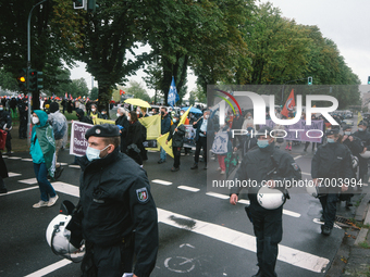 general overall of Protest over Assembly Act NRW in Duesseldorf, Germany on August 28, 2021 (
