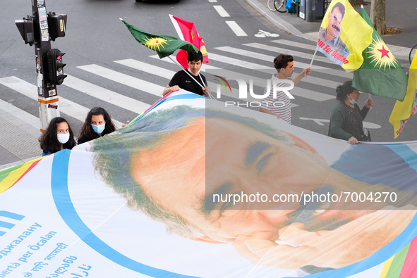 A giant flag bearing the effigy of Abdullah Ocalan in the Kurdish demonstration in Paris, France, on August 28, 2021As the French and Iraqi...