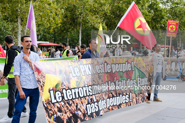 A banner of the Kurdistan Workers' Party in the Kurdish demonstration in Paris, France, on August 28, 2021As the French and Iraqi presidents...
