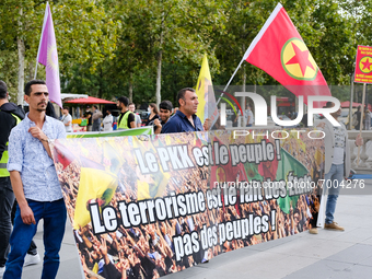 A banner of the Kurdistan Workers' Party in the Kurdish demonstration in Paris, France, on August 28, 2021As the French and Iraqi presidents...