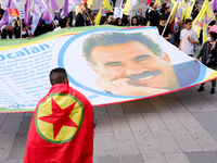 A giant flag bearing the effigy of Abdullah Ocalan in the Kurdish demonstration in Paris, France, on August 28, 2021. As the French and Iraq...