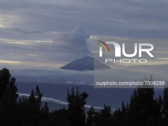 Popocatépetl volcano emits a plume of water vapour, gases and ash, during dawn and COVID-19 health emergency in Mexico. (