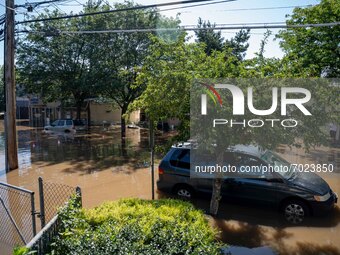 Streets are inundated with overflowing creek water following torrential rains from the remannts of Hurricane Ida in Lodi, New Jersey, Septem...