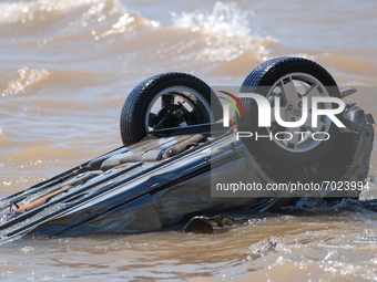 A car thrown into the sea by floods the day after flash floods on September 2, 2021 in Les Cases dAlcanar, Spain.
Torrential rains caused de...