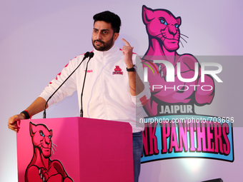 Bollywood actor & Owner of Jaipur Pink Panthers kabaddi team Abhishek Bachchan addressing the media persons during the press conference ahea...