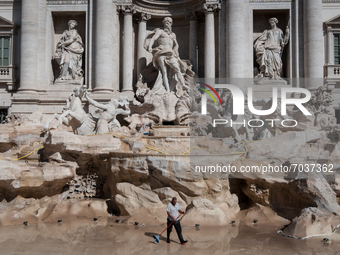 Cleaning of the Trevi Fountain on 6 September 2021 in Rome, Italy during the monthly cleaning in Rome. (
