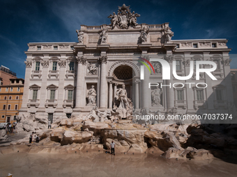 Cleaning of the Trevi Fountain on 6 September 2021 in Rome, Italy during the monthly cleaning in Rome. (