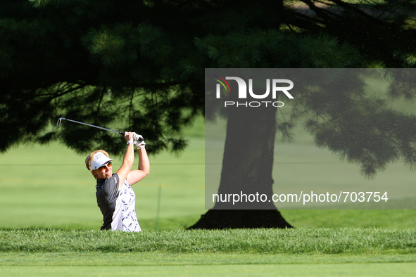 Nicole Jeray of Berwyn, Illinois hits toward the 8th green during the second round of the Meijer LPGA Classic golf tournament at Blythefield...