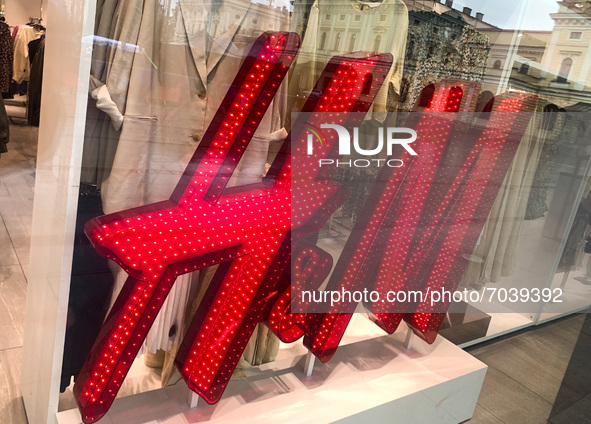 H&M logo is seen in the store in Krakow, Poland on August 31, 2021. 