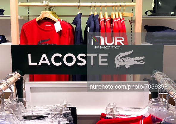 Lacoste logo is seen in a store in Krakow, Poland on August 31, 2021. 