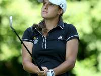 Marta Sanz Barrio of Spain tees off on the 14th hole during the second round of the Meijer LPGA Classic golf tournament at Blythefield Count...