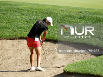 Marta Sanz Barrio of Spain hits out the sand trap on the 13th green during the second round of the Meijer LPGA Classic golf tournament at Bl...