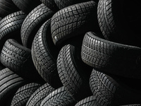 Tyres are seen near the car service in Krakow, Poland on September 9, 2021. (