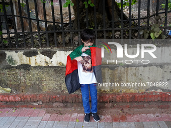 An Afghan boy residing in India kisses Afghanistan's national flag during a demonstration against Pakistan's alleged support to the Taliban,...
