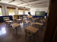 An empty classroom during the new opening of the Primary School Year at CEIP Mariana Pineda Public School in Huetor Vega (Granada), Spain on...