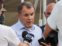 Nikolaos Panagiotopoulos as seen talking to the media about the new acquired Dassault Rafale fighter aircraft for the Hellenic Air Force HAF...