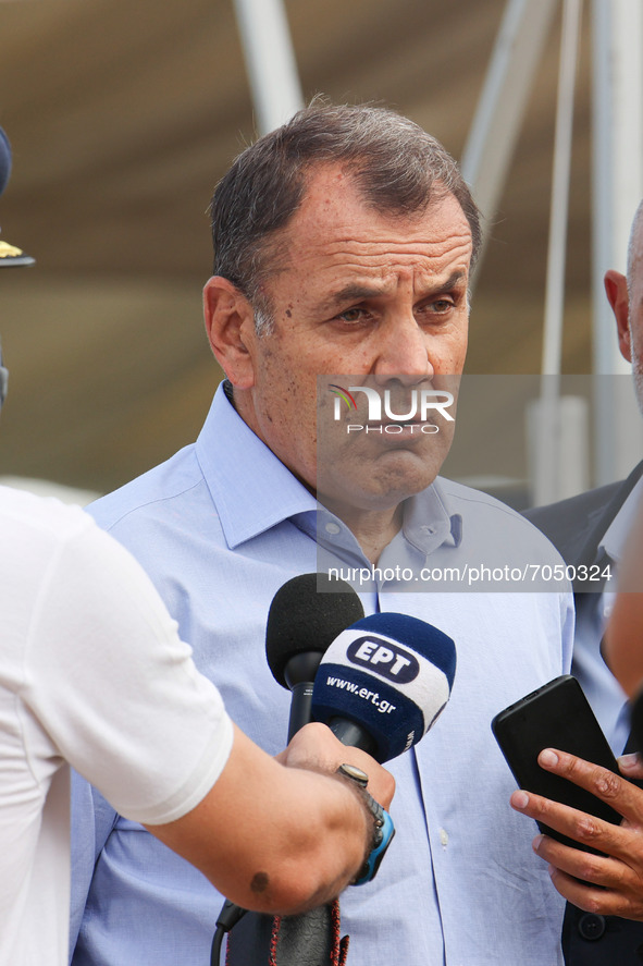 Nikolaos Panagiotopoulos as seen talking to the media about the new acquired Dassault Rafale fighter aircraft for the Hellenic Air Force HAF...