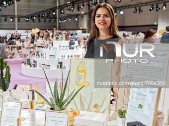 Hendiya General Manager Hasnae El Alami shows its product of organic skincare at the the show 'Who's Next' in Paris - September 03, 2021, Pa...