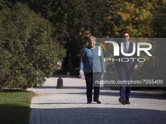 Angela Merkel and Mateusz Morawiecki seen during her visit in Warsaw on September 11, 2021. (
