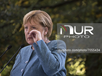 Angela Merkel seen during her visit in Warsaw on September 11, 2021. (