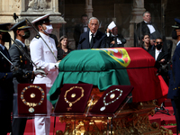 Portuguese President Marcelo Rebelo de Sousa delivers a speech during the funeral ceremony for the late former Portuguese President Jorge Sa...