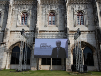 In the beginning of the ceremony a board of Jorge Sampaio on the door of the Jerónimos Monastery, on September 12, 2021 in Belem, Lisbon, Po...