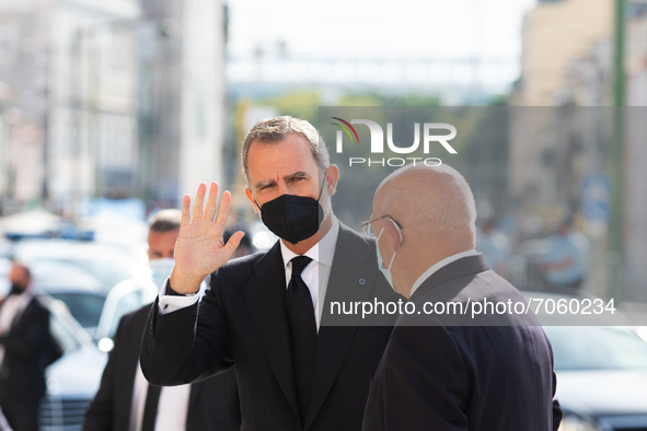 The King of Spain, Philip VI arrives at the funeral ceremony, on September 12, 2021 in Belem, Lisbon, Portugal.
Jorge Sampaio, 81 years old,...
