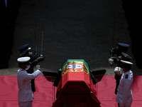 Portuguese honour guard pay tribute during the funeral ceremony for the late former Portuguese President Jorge Sampaio at Jeronimos Monaster...