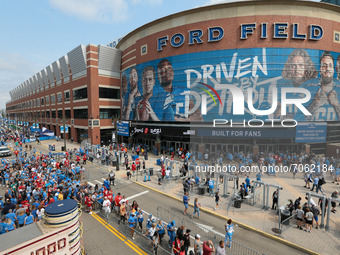 Fans arrive at the entrance of Ford Field ahead  of an NFL football game against the San Francisco 49ers in Detroit, Michigan USA, on Sunday...