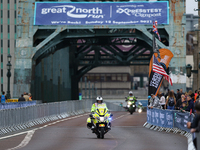 The medical motorbike crosses the Tyne Bridge during the BUPA Great North Run in Newcastle upon Tyne, England on Sunday 12th September 2021....