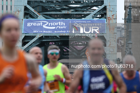 A Great North Run banner displayed on the Tyne Bridge seen during the BUPA Great North Run in Newcastle upon Tyne, England on Sunday 12th Se...