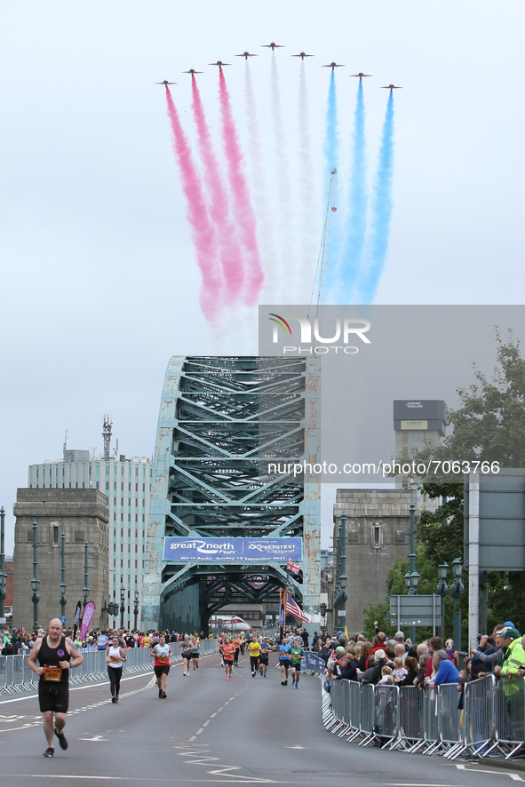 The Red Arrows fly over the Tyne Bridge during the BUPA Great North Run in Newcastle upon Tyne, England on Sunday 12th September 2021.  