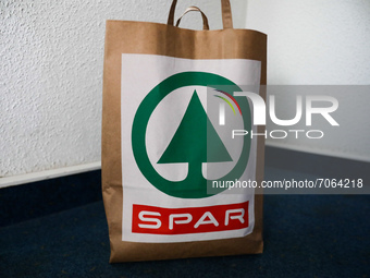SPAR paper shopping bag is seen in Graz, Austria on September 11, 2021. (