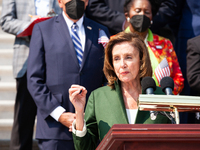 House Speaker Nancy Pelosi, Democrat of California, delivers remakrs during a ceremony on the Capitol steps in remembrance of the victims of...