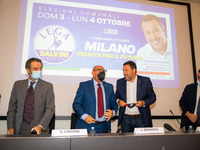 Matteo Salvini, Luca Bernardo and Attilio Fontana attend “Milano Pronta Per Il Futuro” Lega press conference at Palazzo delle Stelline on Se...