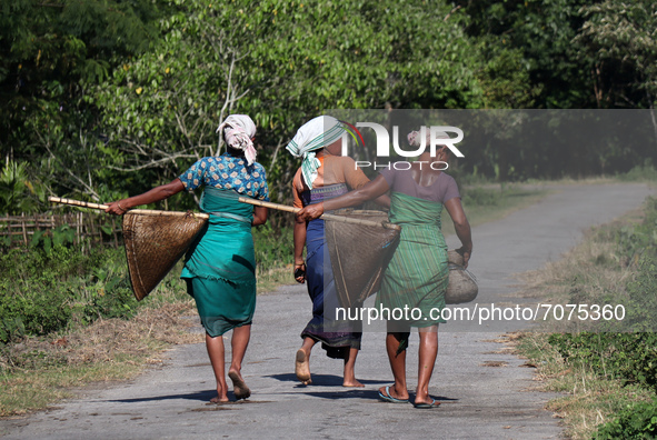 Bodo community women returns holding traditional fishing equipment Jakoi, after fishing, at a village on September 15, 2021 in Baksa, India....