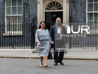 LONDON, UNITED KINGDOM - SEPTEMBER 15, 2021: Secretary of State for the Home Department Priti Patel leaves 10 Downing Street as British Prim...