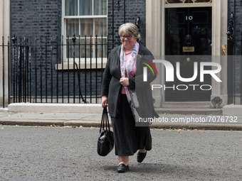 LONDON, UNITED KINGDOM - SEPTEMBER 15, 2021: Secretary of State for Work and Pensions Therese Coffey leaves 10 Downing Street as British Pri...