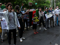 Afghan nationals shout slogans during a protest against Pakistan's alleged support to the Taliban, in New Delhi, India on September 16, 2021...