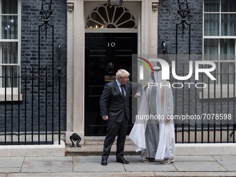 LONDON, UNITED KINGDOM - SEPTEMBER 16, 2021: British Prime Minister Boris Johnson (L) welcomes Sheikh Mohammed bin Zayed Al Nahyan (R), the...
