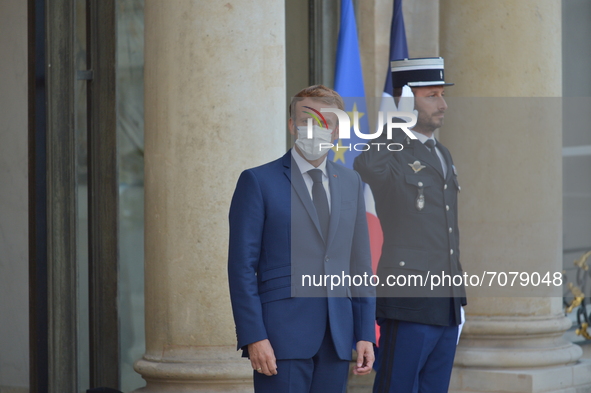 French President Emmanuel Macron welcomes German Chancellor Angela Merkel for a meeting and a working dinner at the Presidential Elysee Pala...