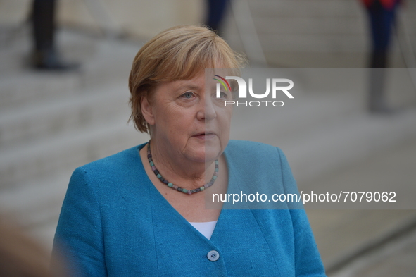 German Chancellor Angela Merkel arrives at the Presidential Elysee Palace  for a meeting and a working dinner - September 16, 2021, Paris 