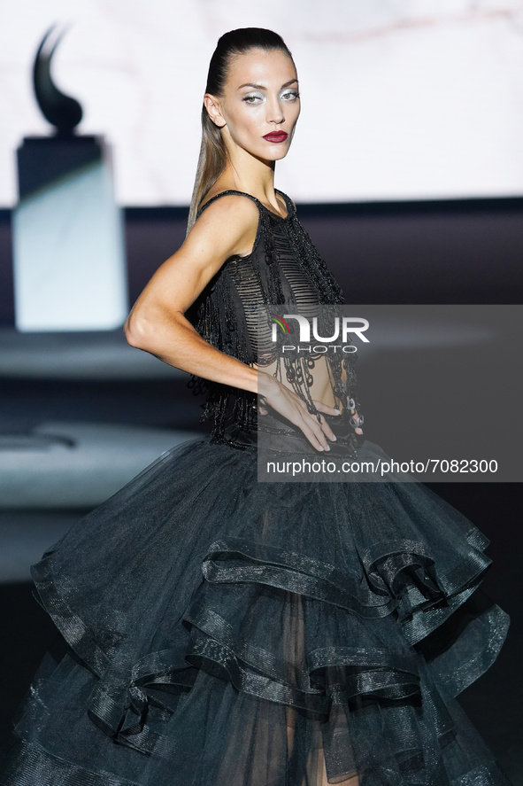 A model walks the runway at the Hannibal Laguna  fashion show during Mercedes Benz Fashion Week Madrid September 2021 at IFEMA  on September...
