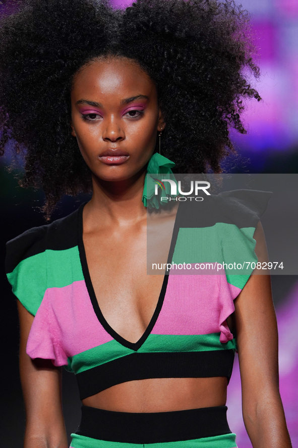 A model walks the runway at the Lola Casademunt by Maite fashion show during Mercedes Benz Fashion Week Madrid September 2021 at IFEMA  on S...